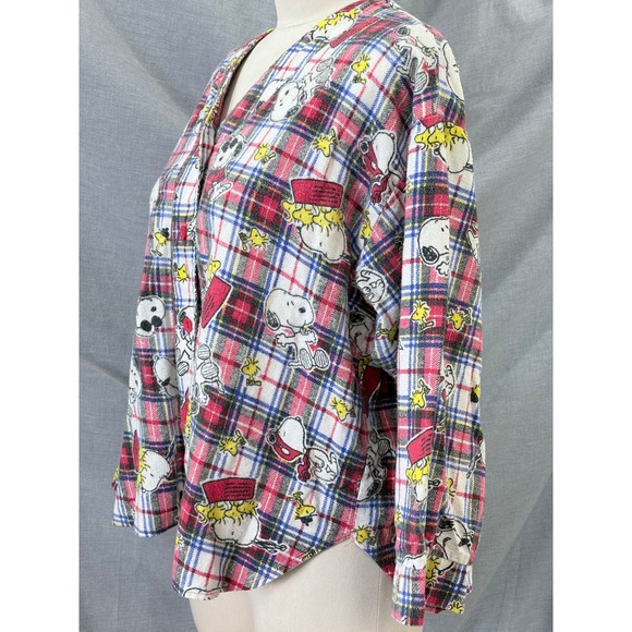 Vintage Snoopy Peanuts Woodstock Plaid Cotton Flannel Pajama Top Womens L 90s - Picture 3 of 9
